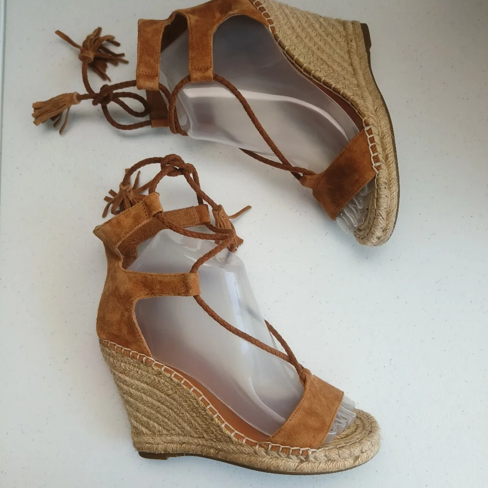 Joie light brown Phyllis suede leather wedge espadrille tie up sandals size 36 w